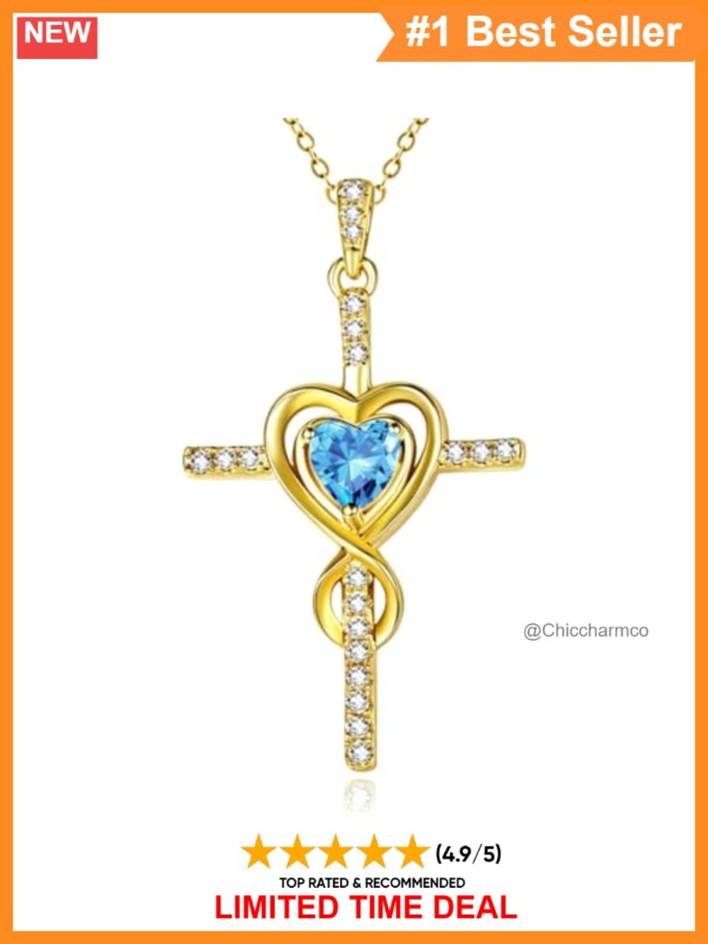 14K Gold Plated Dainty Cross Necklace 18in Heart Birthstone Infinity